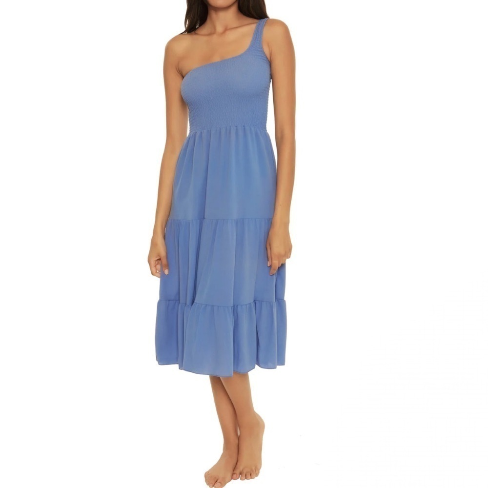 NWT Becca by Rebecca Virtue Ponza Smocked One Shoulder Midi Dress in Mist